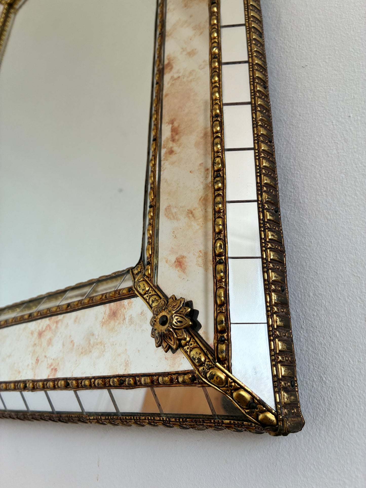 Vintage Spanish Venetian-Style Wall Mirror, Rectangular, Brass, 1980s Hollywood Regency