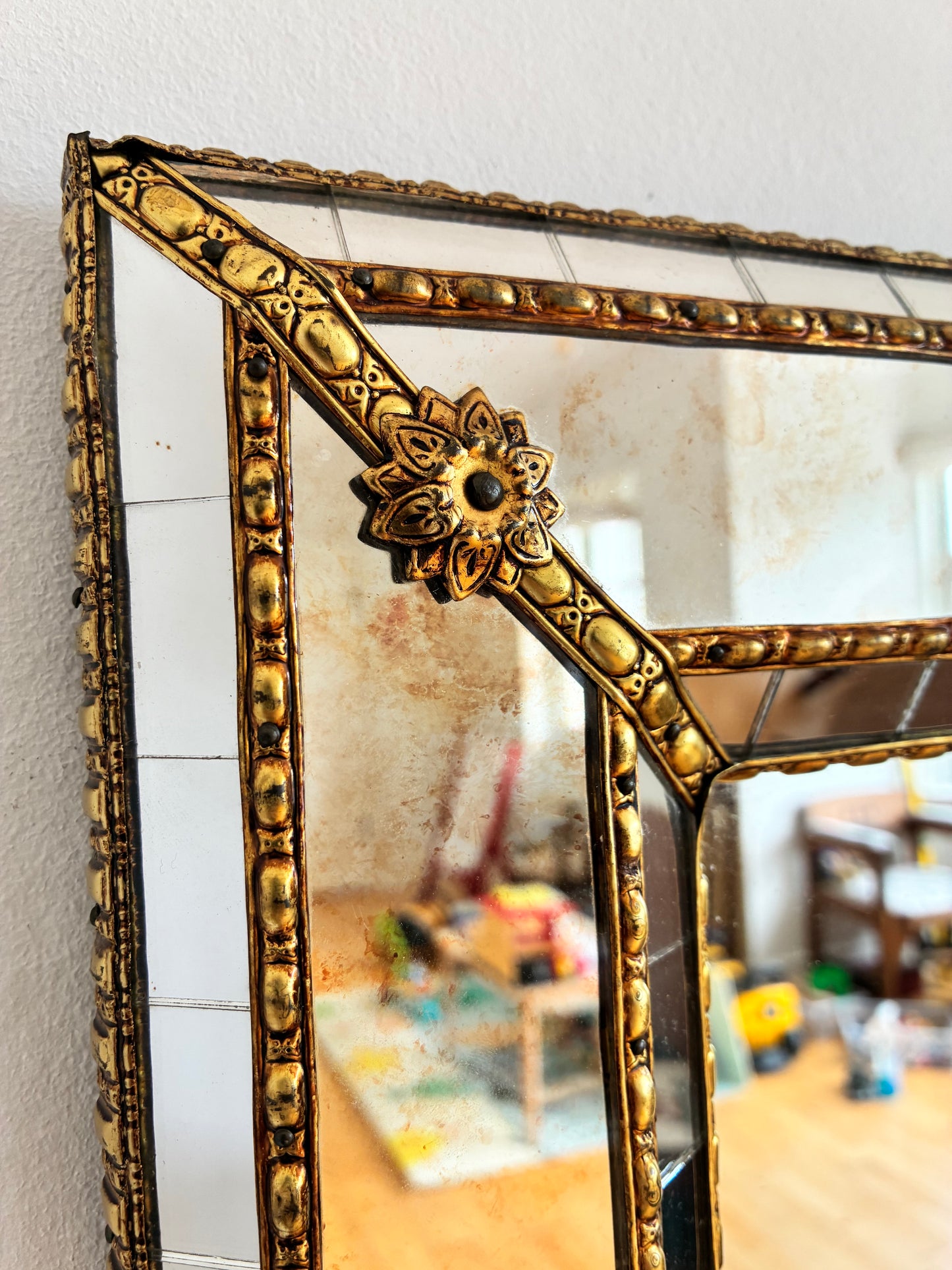 Vintage Spanish Venetian-Style Wall Mirror, Rectangular, Brass, 1980s Hollywood Regency
