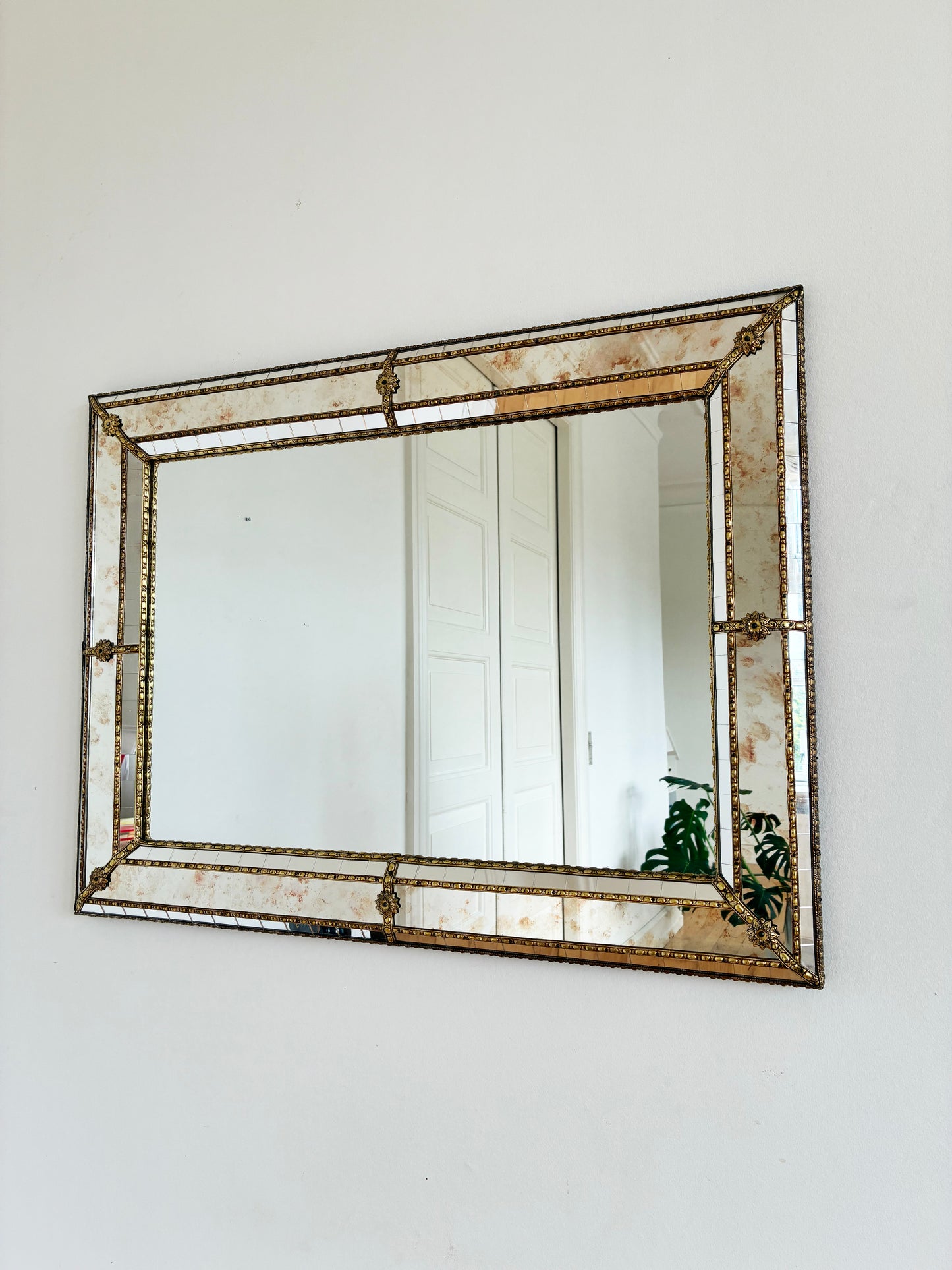 Vintage Spanish Venetian-Style Wall Mirror, Rectangular, Brass, 1980s Hollywood Regency