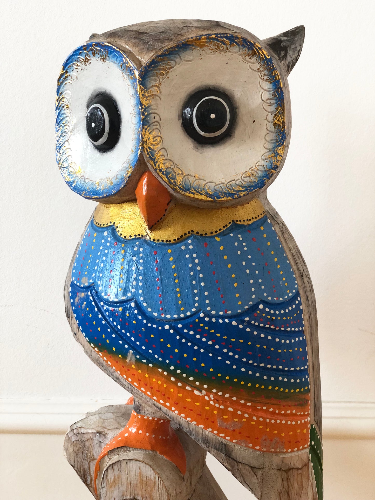 Vintage Hand Carved Wooden Owl Sculpture Portugal