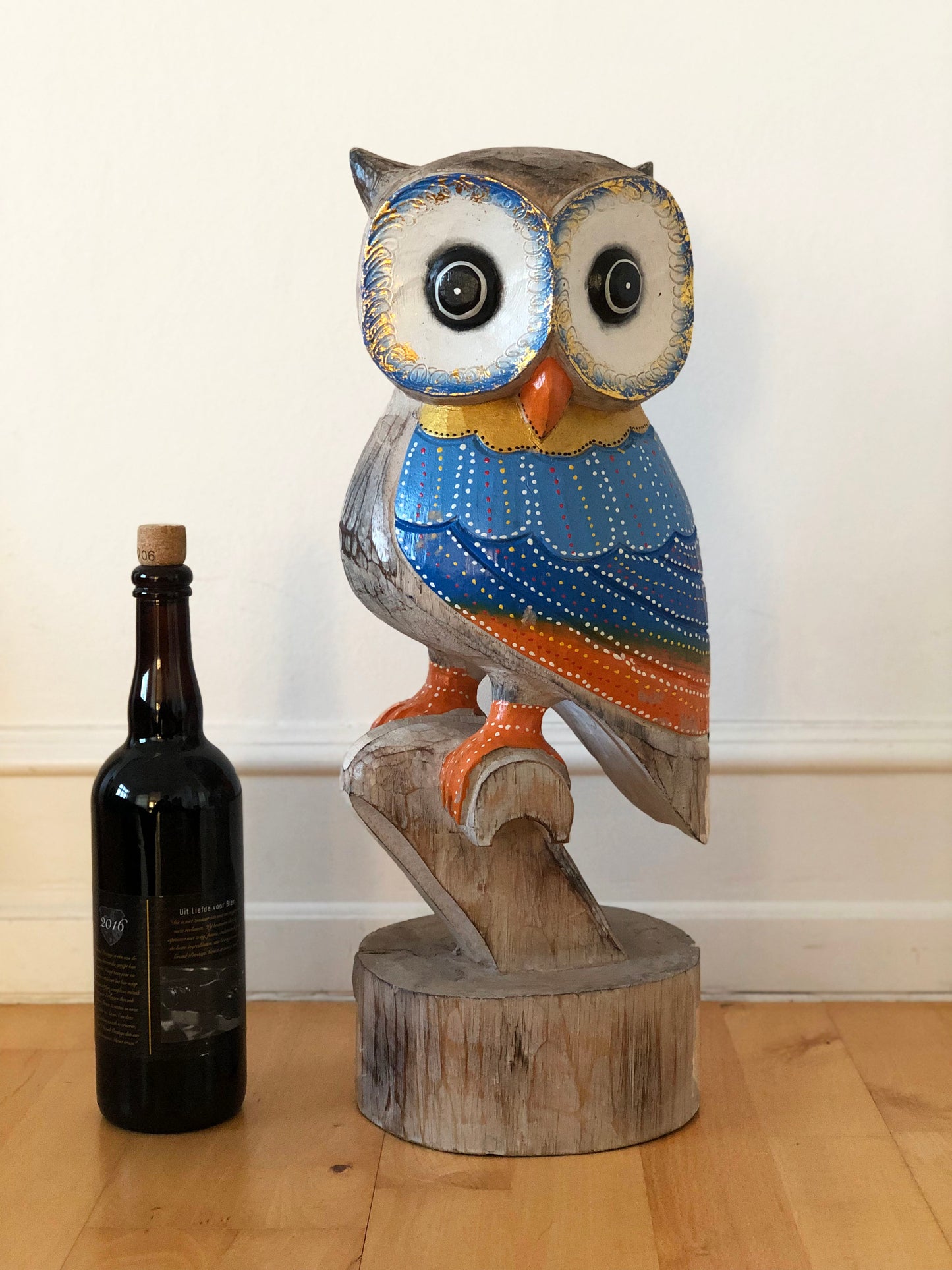 Vintage Hand Carved Wooden Owl Sculpture Portugal