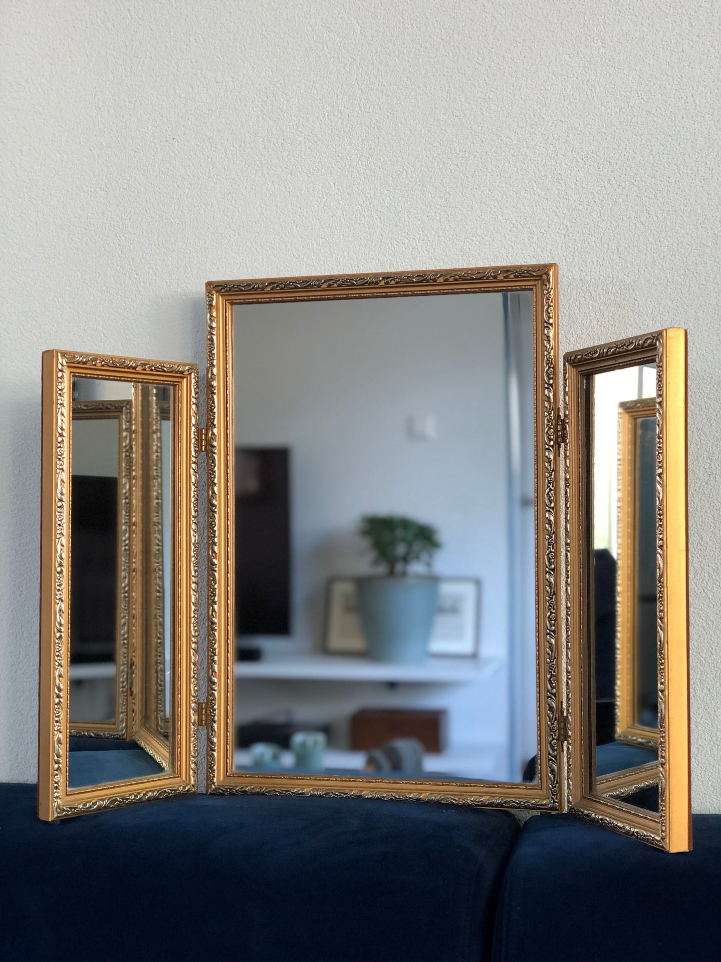 Vintage Vanity Tri Fold Makeup Mirror Giltwood and Carved