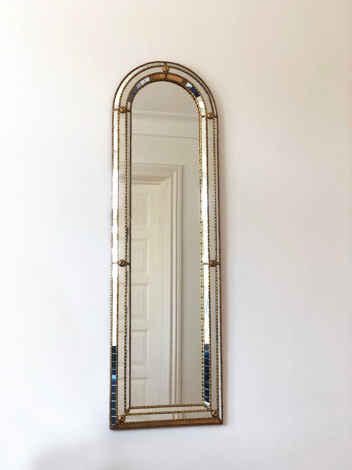 Large Vintage Venetian Full Length Brass Mirror – Gold Hollywood Regency, Spanish 1990s