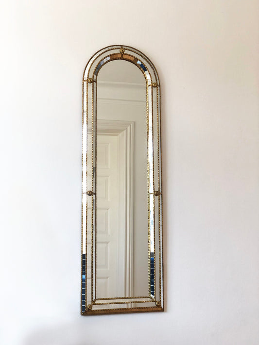 Large Vintage Venetian Full Length Brass Mirror – Gold Hollywood Regency, Spanish 1990s