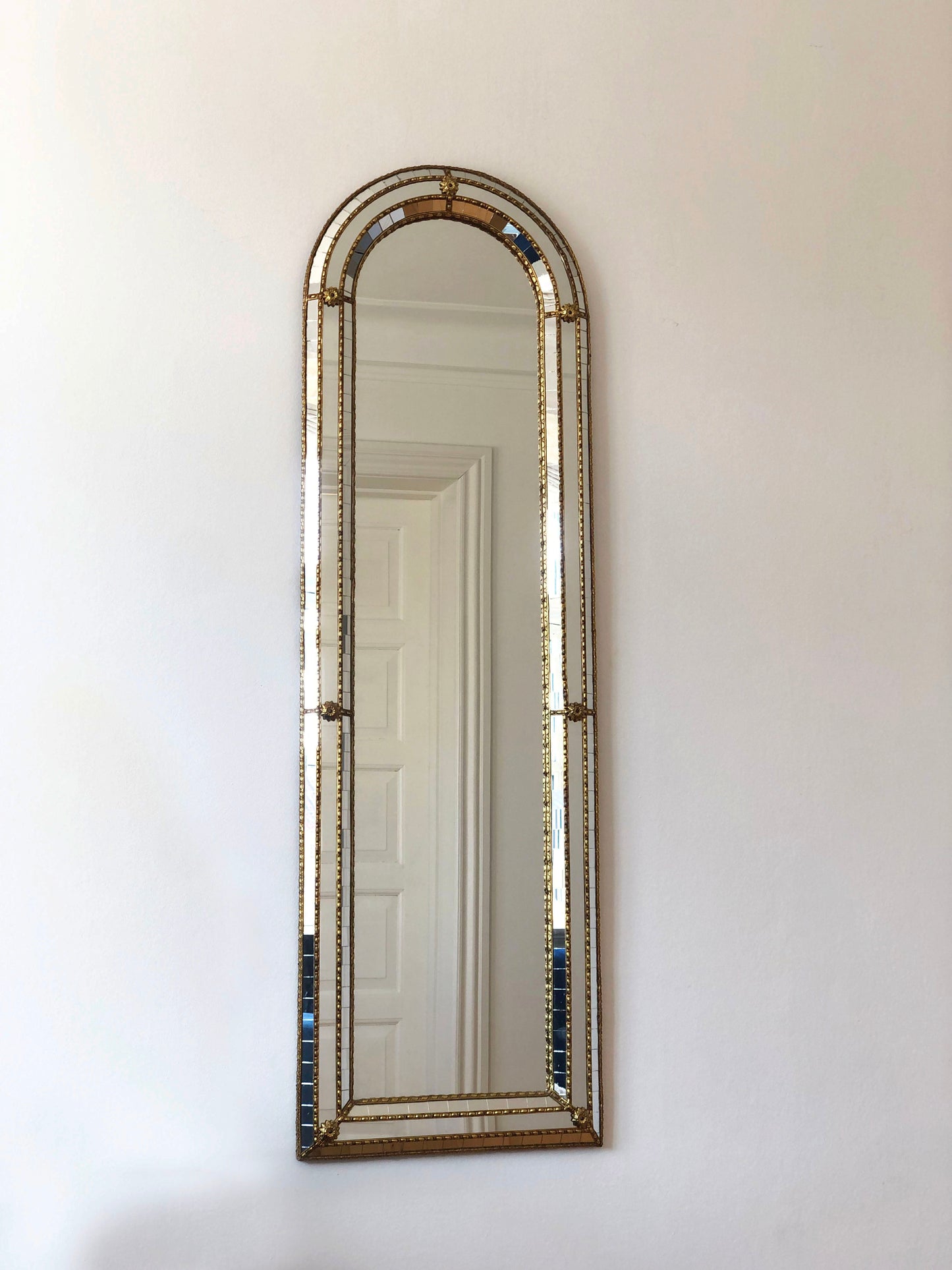 Pair of Large Vintage Venetian Full Length Brass Mirrors – Gold Hollywood Regency, Spanish 1990s