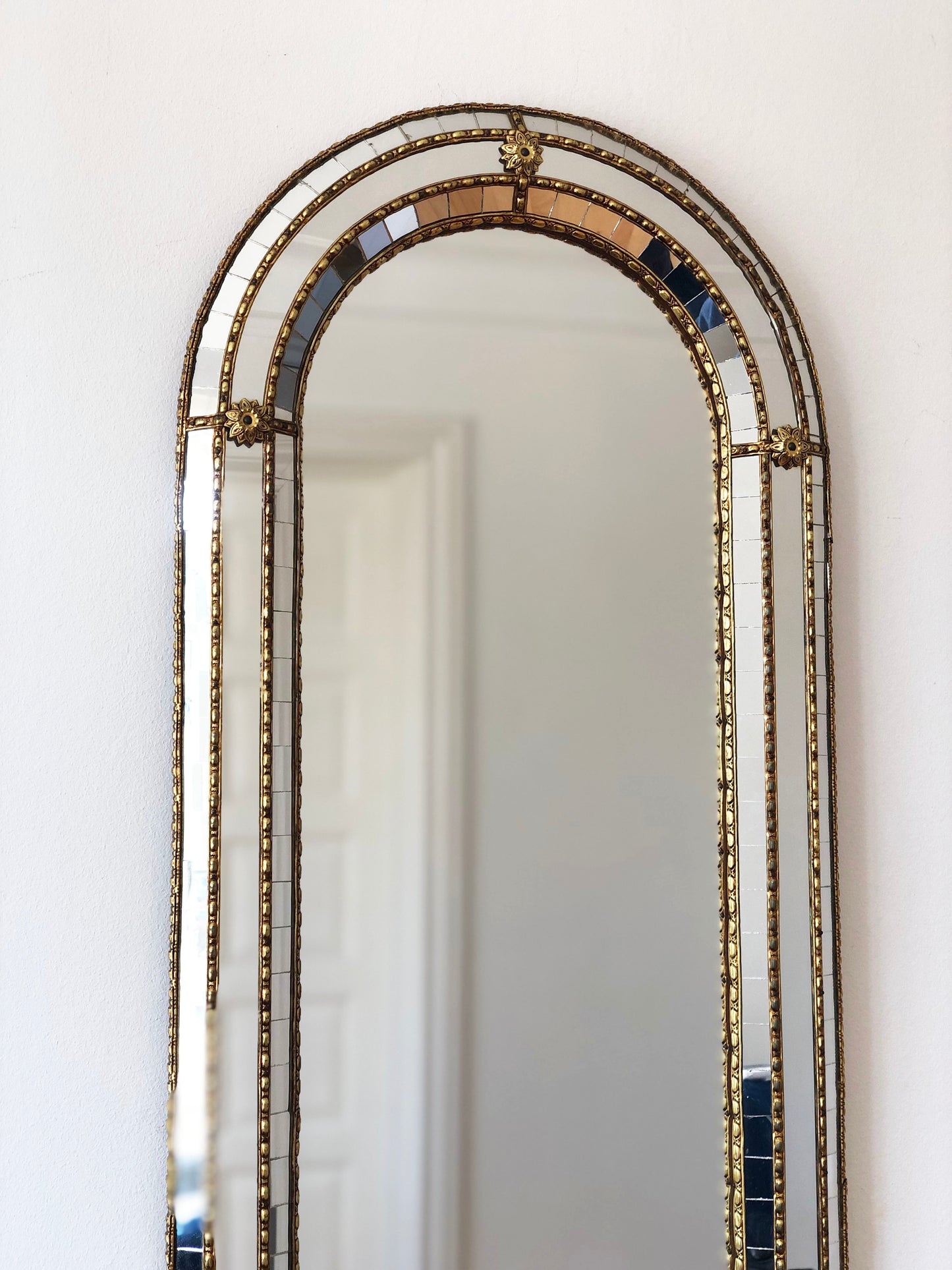 Large Vintage Venetian Full Length Brass Mirror – Gold Hollywood Regency, Spanish 1990s