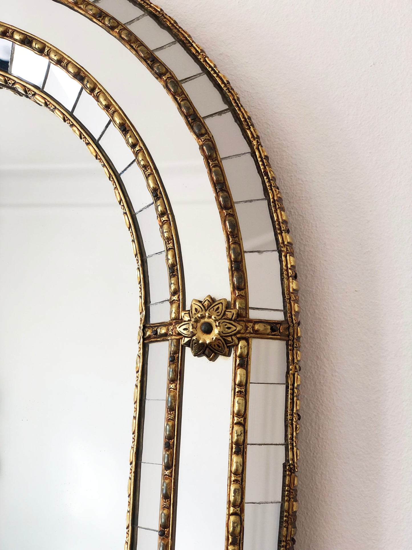Large Vintage Venetian Full Length Brass Mirror – Gold Hollywood Regency, Spanish 1990s