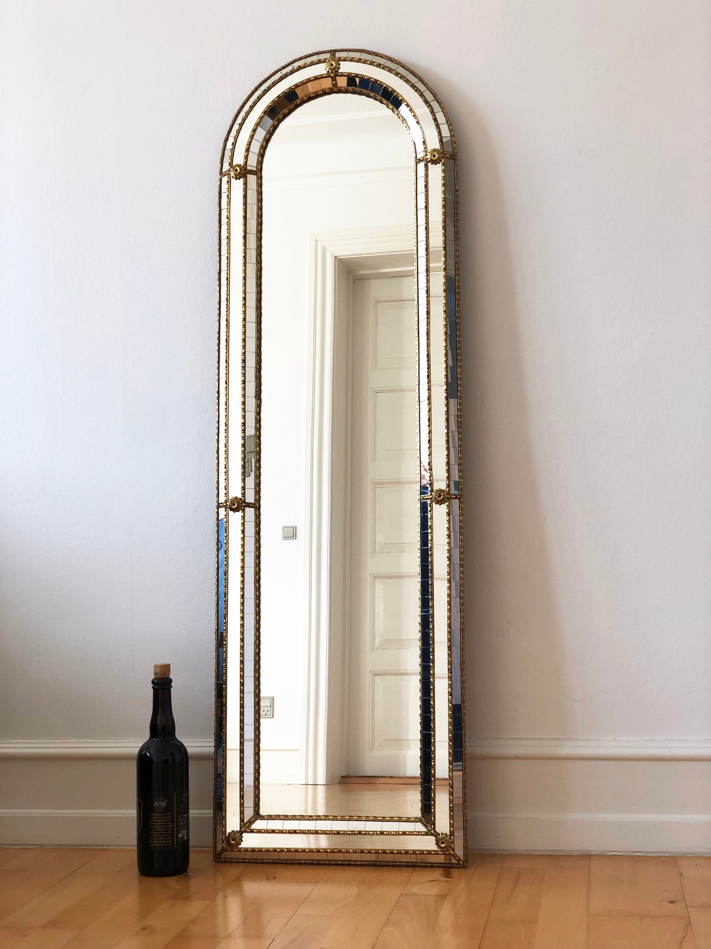 Large Vintage Venetian Full Length Brass Mirror – Gold Hollywood Regency, Spanish 1990s
