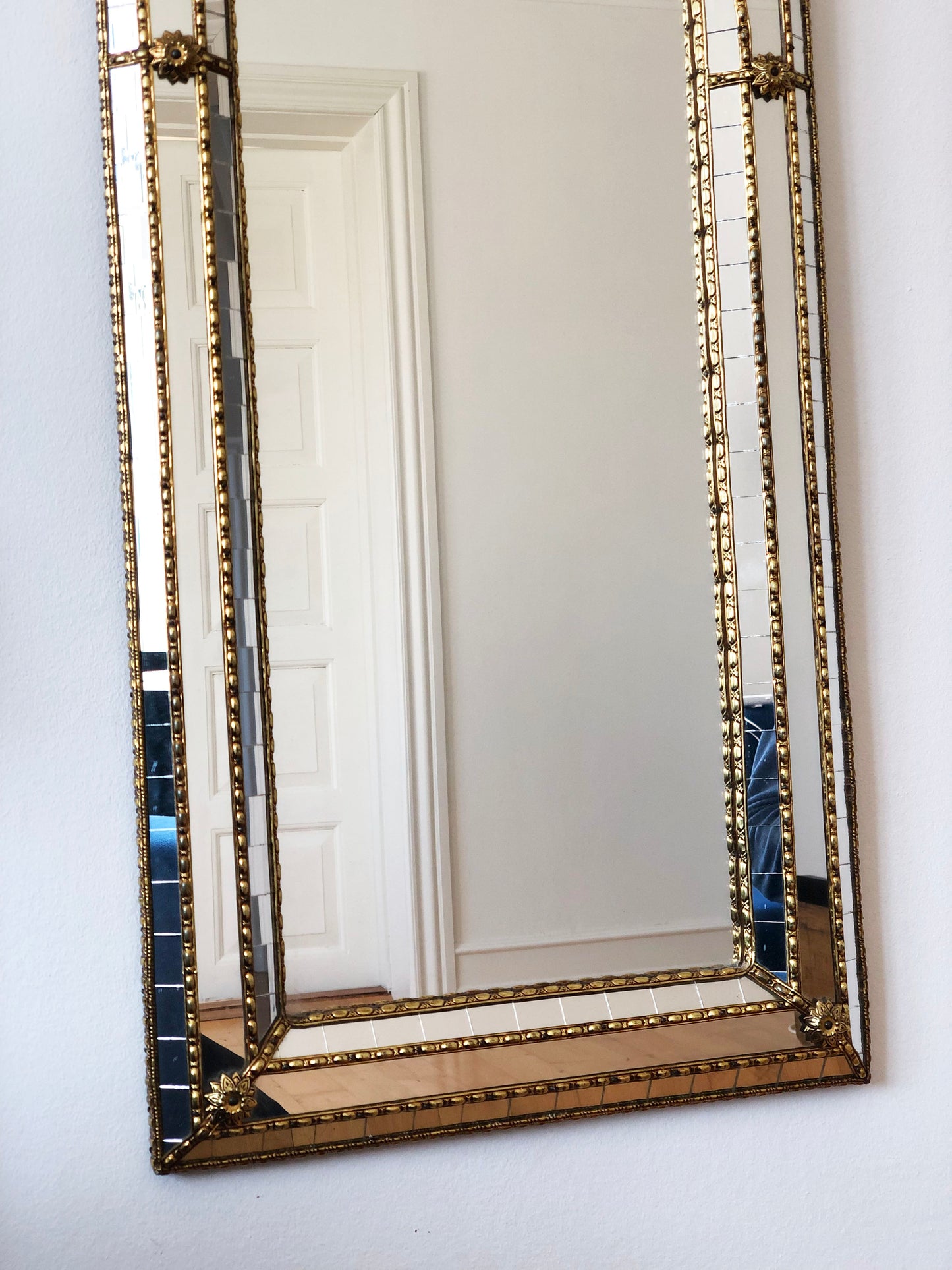 Large Vintage Venetian Full Length Brass Mirror – Gold Hollywood Regency, Spanish 1990s