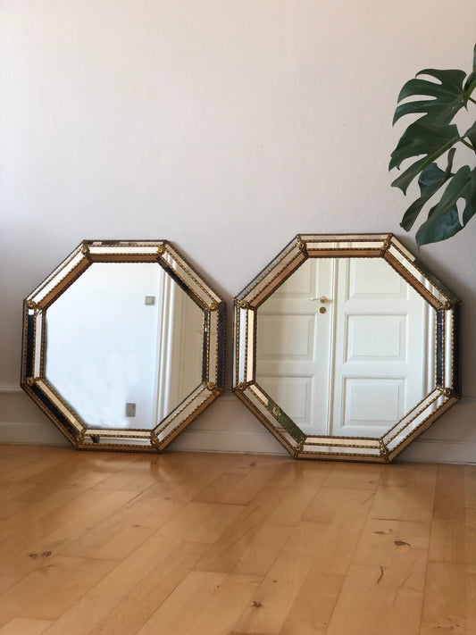 A Pair of Vintage Venetian Octagon Mirror Hollywood Regency in Gold Spain 1990s