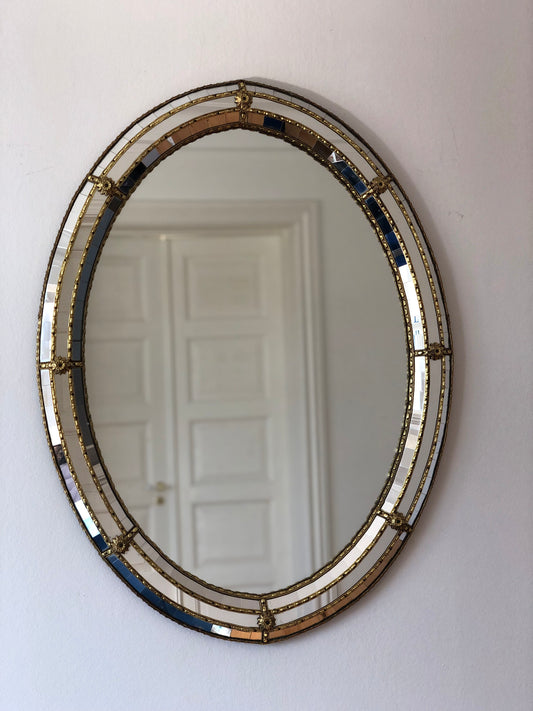 Vintage Venetian Oval Mirror Hollywood Regency in Gold Spain 1990s