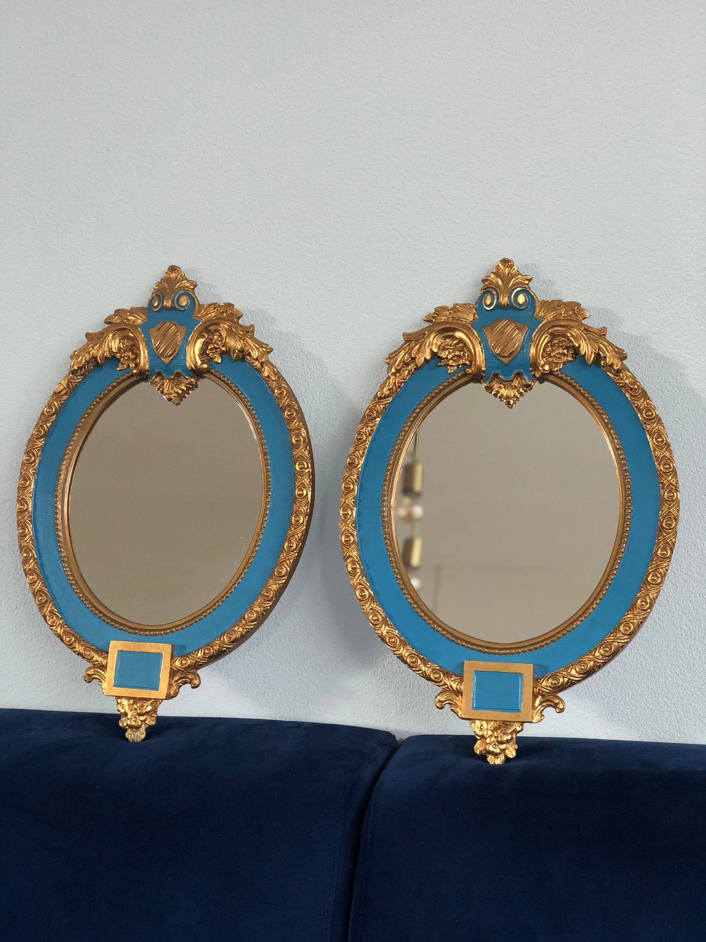 A Pair Louis XV Oval Giltwood Crested Mirror France 1900s