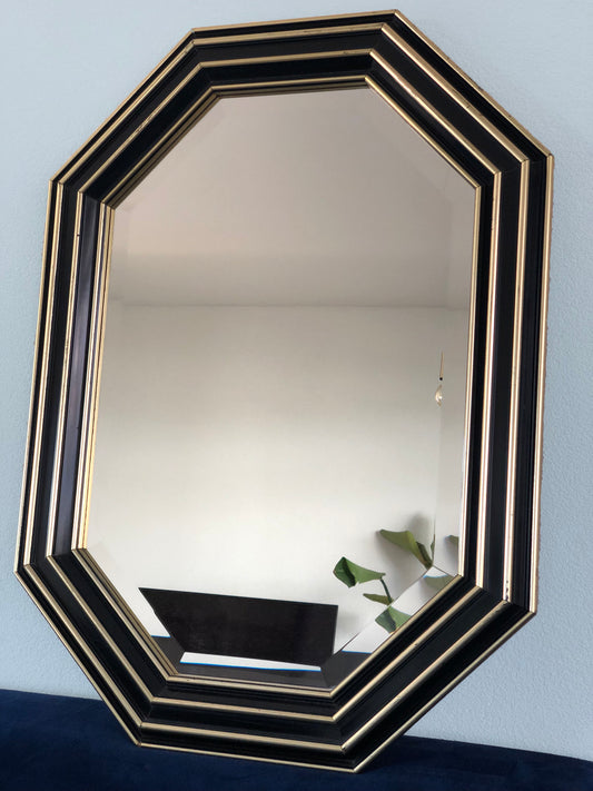 Handcrafted Octagonal Facet Cut Mirror In Black and Gold 1980s