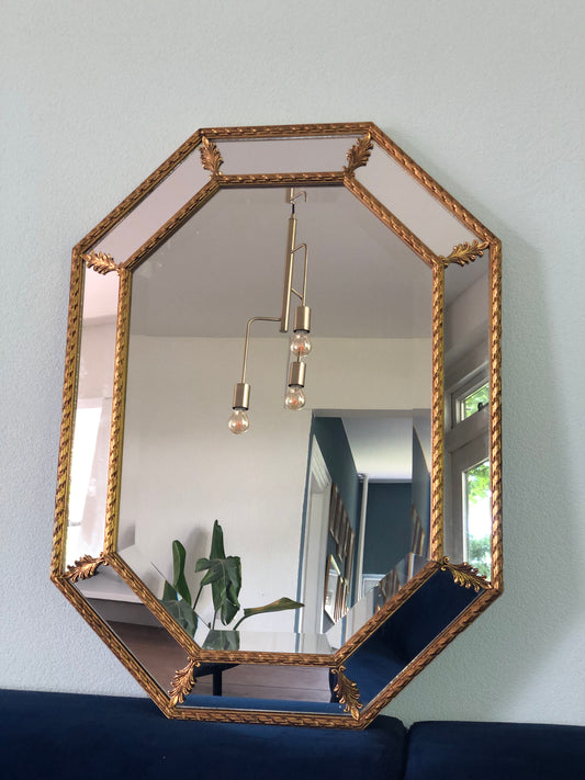 Hollywood Regency Giltwood Facet Cut Octagonal Mirror Belgium 1970s