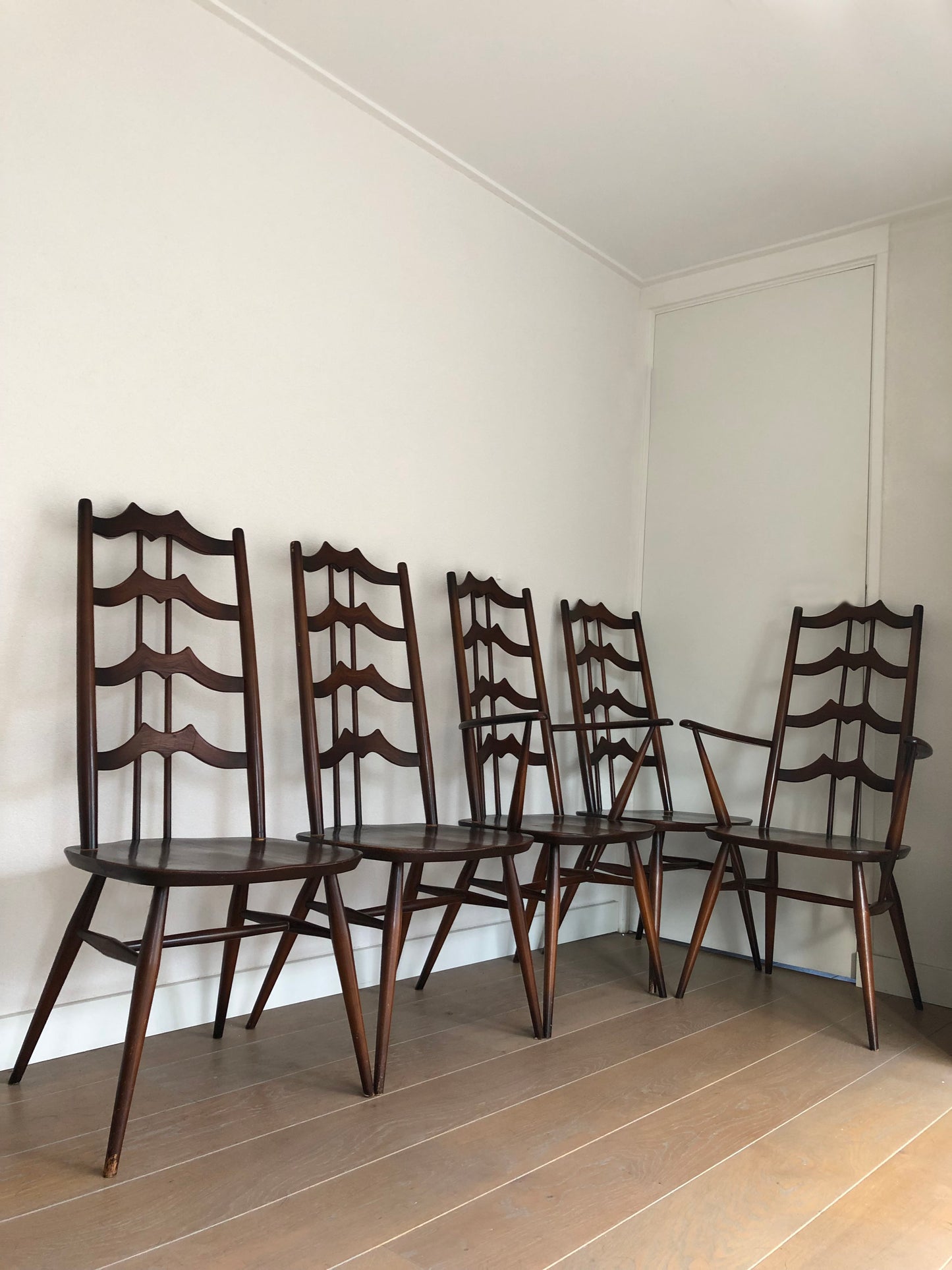 Mid Century Walnut Ladderback Dining Chairs Lucian Ercolani for Ercol England Set of 5