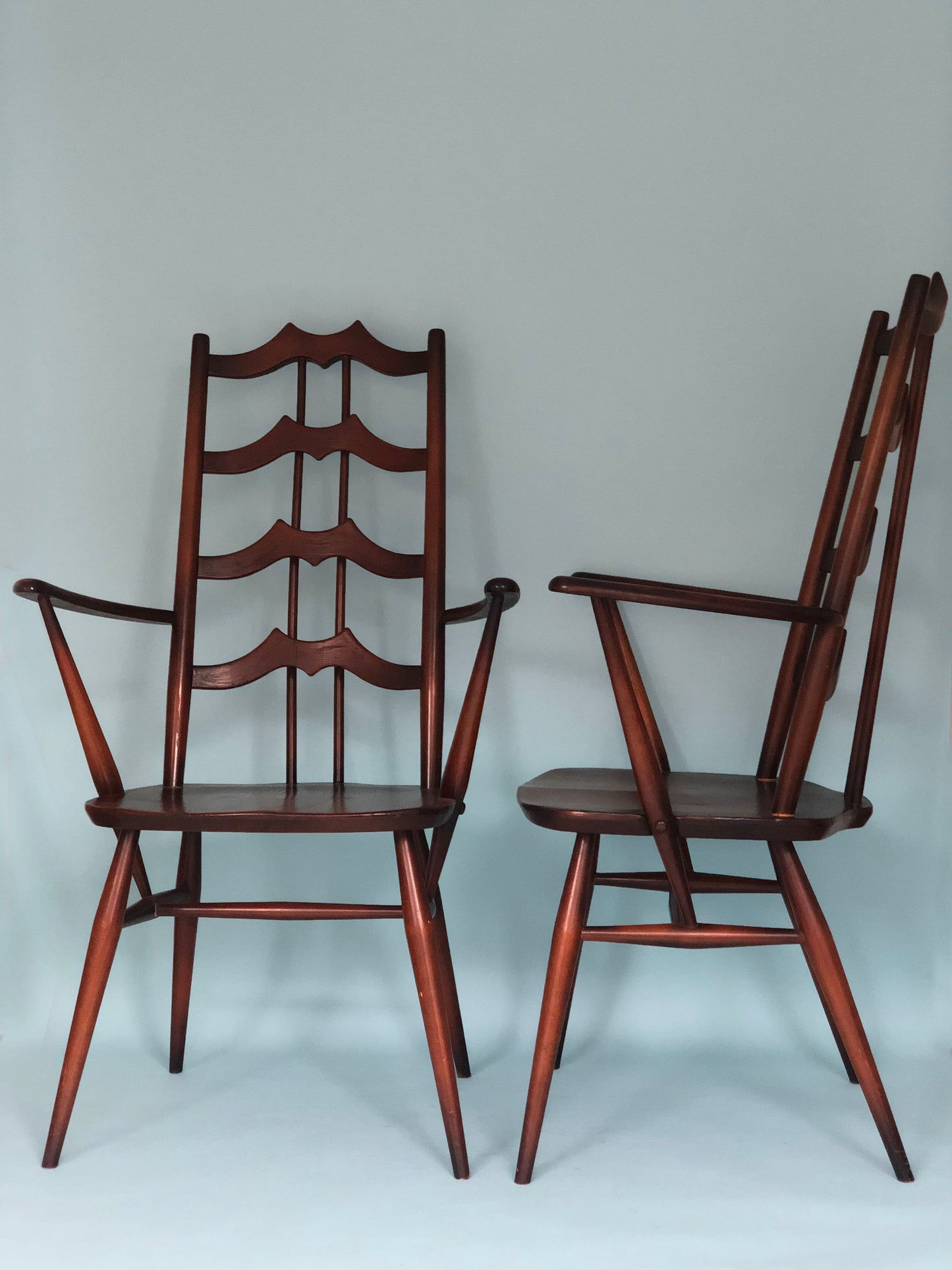 Mid Century Walnut Ladderback Dining Chairs Lucian Ercolani for Ercol England Set of 5