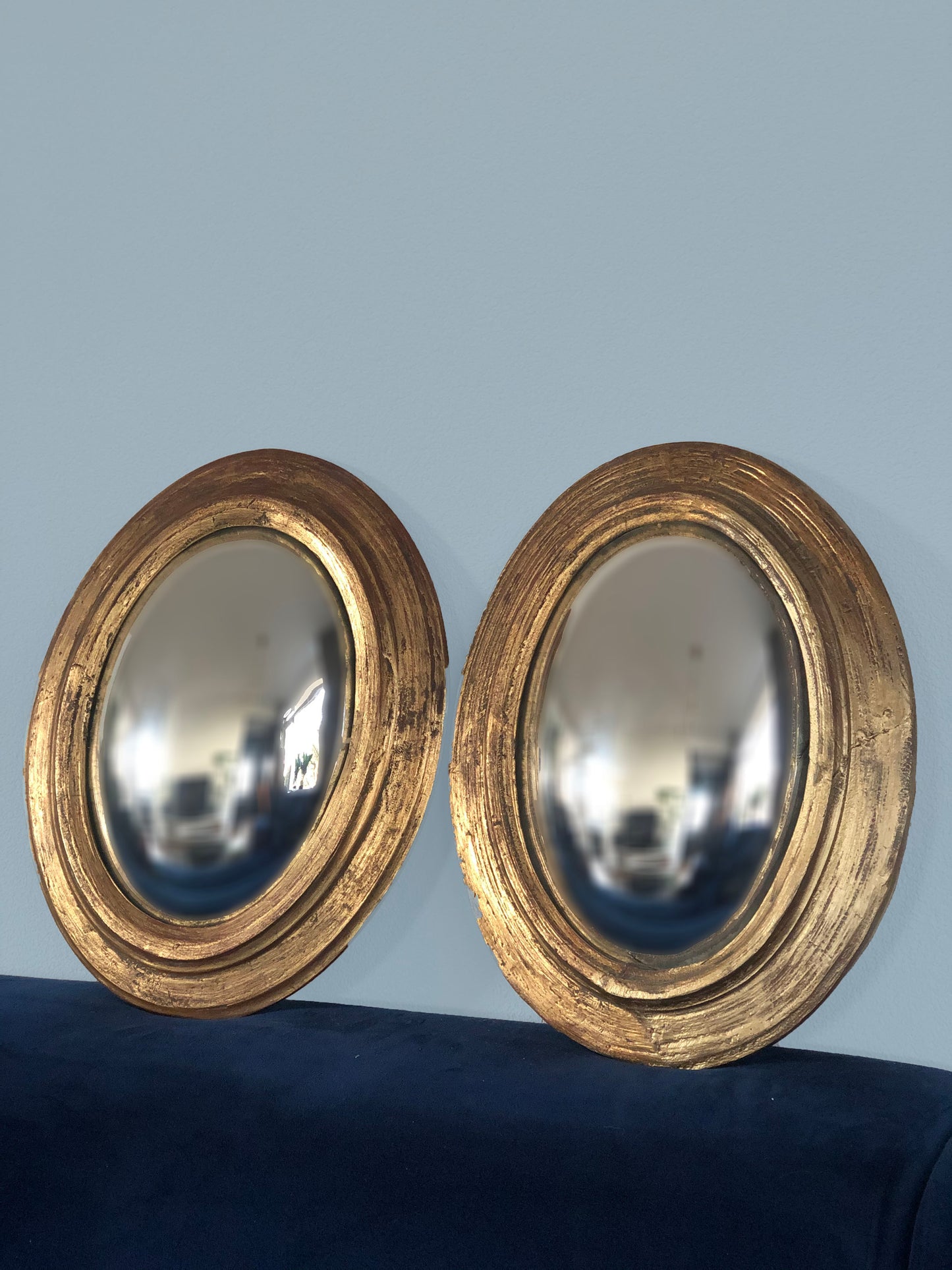 Oval 19th Century Giltwood Convex Butler Mirror. Set Of 2