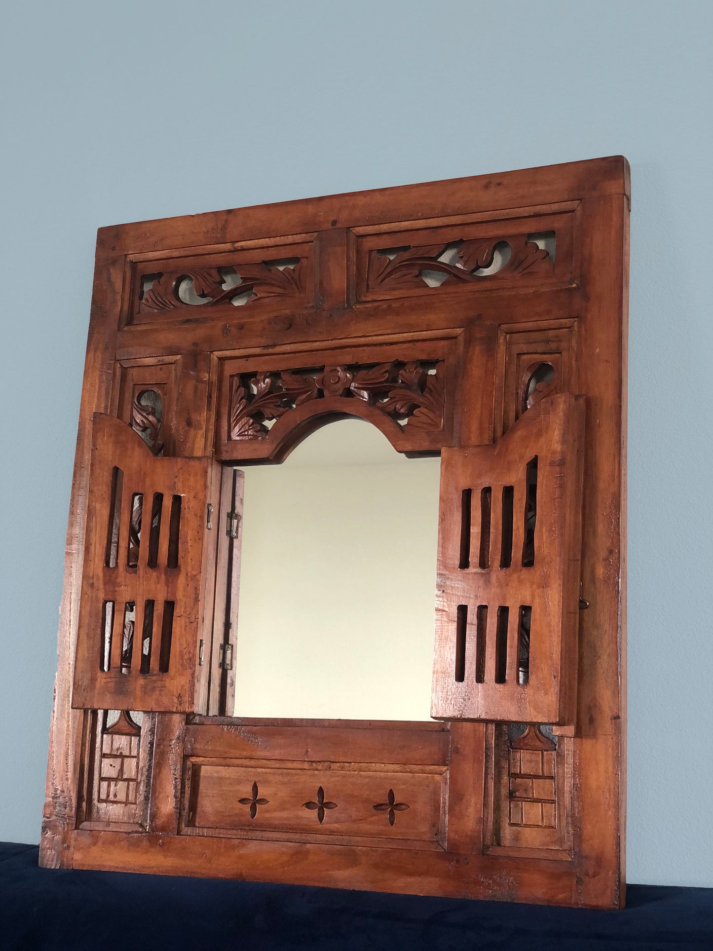 Vintage 1950s Balinese Hand Carved Shuttered Door Mirror