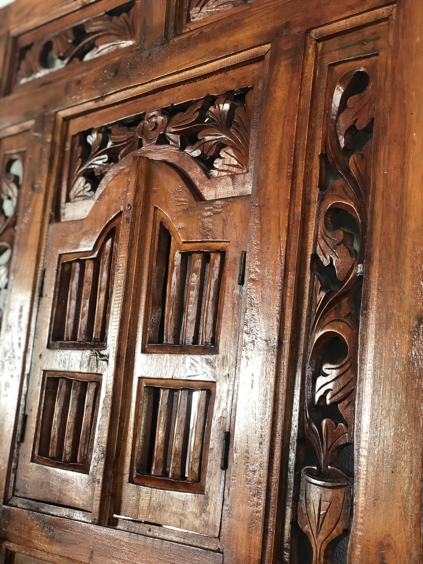 Vintage 1950s Balinese Hand Carved Shuttered Door Mirror