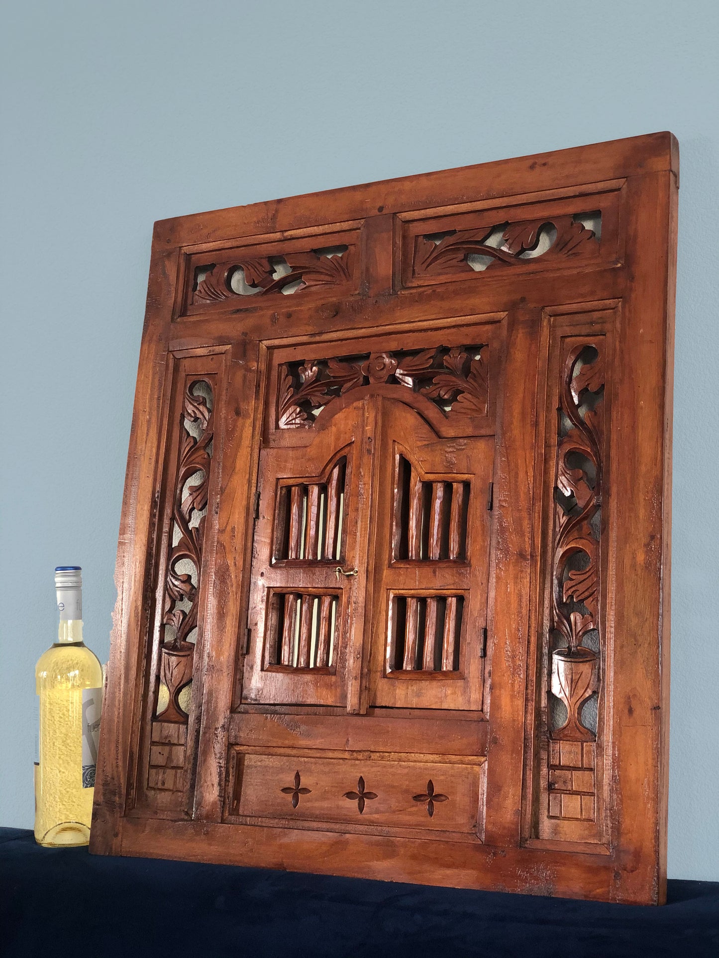 Vintage 1950s Balinese Hand Carved Shuttered Door Mirror