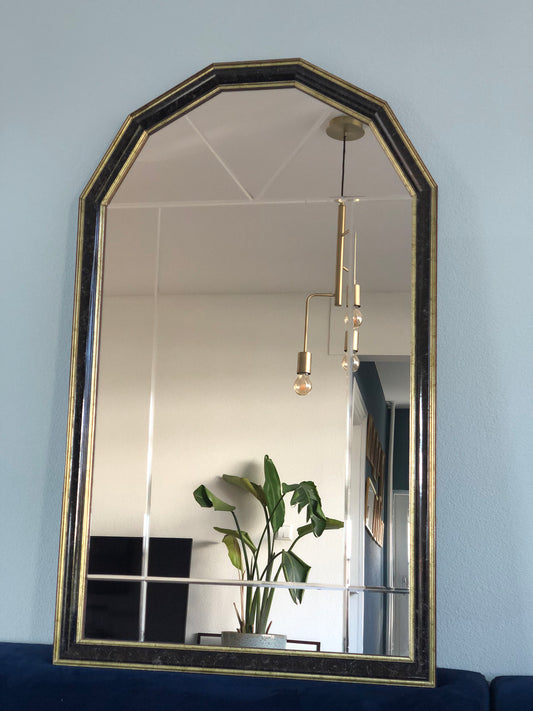 Facet Cut Mirror In Black And Gold Hollywood Regency 1980s
