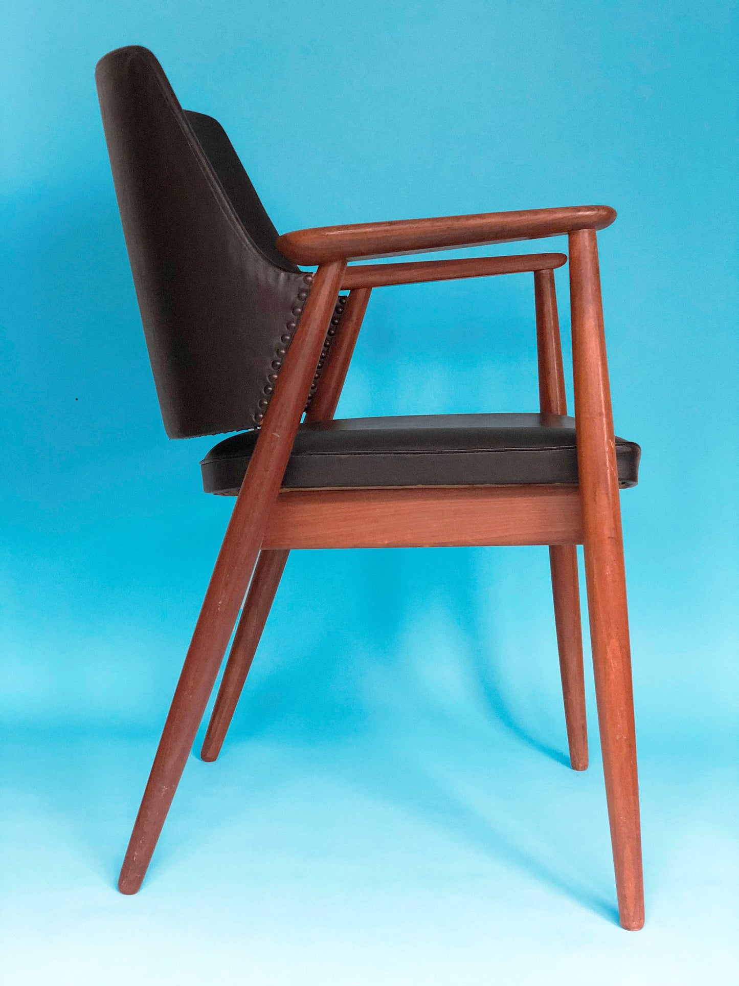 Vintage Black Leather Teak Chair