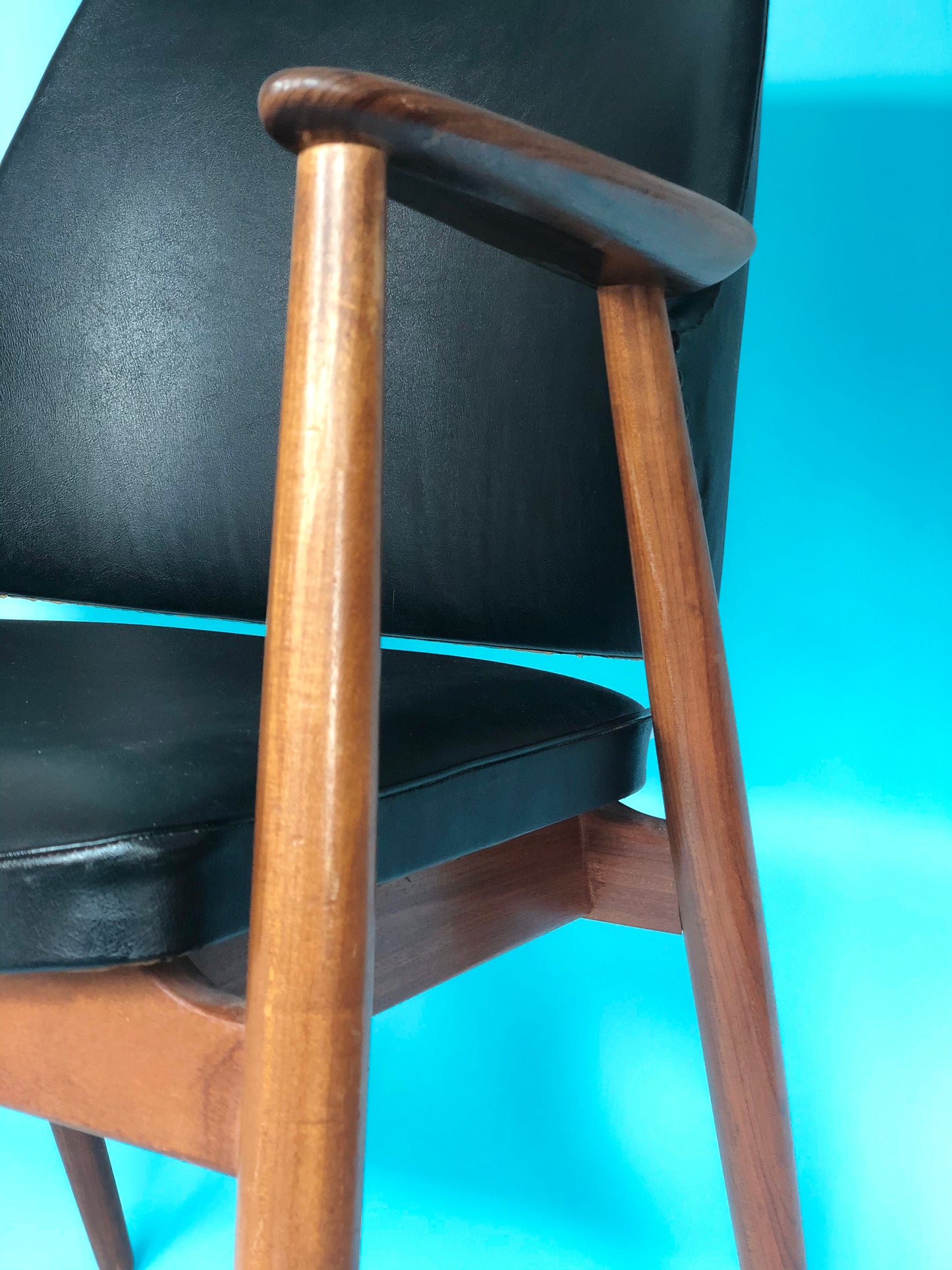 Vintage Black Leather Teak Chair