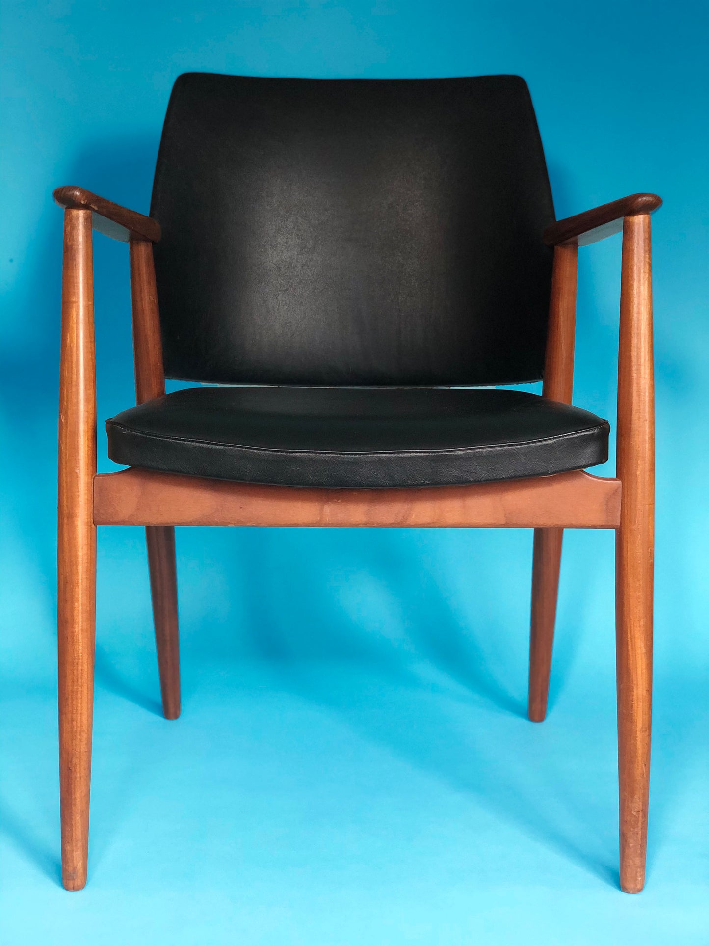 Vintage Black Leather Teak Chair