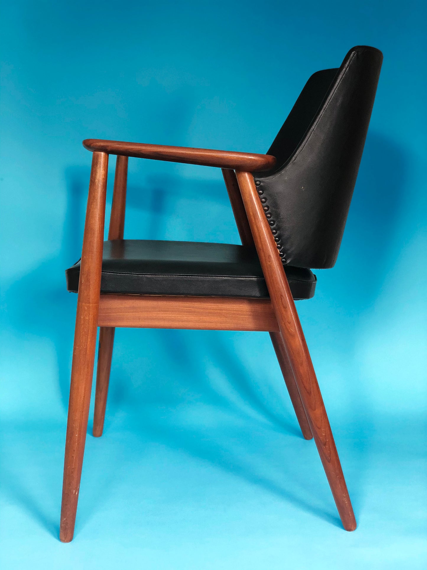Vintage Black Leather Teak Chair