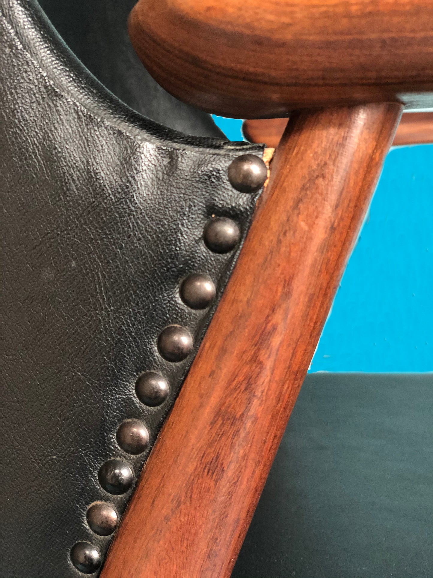 Vintage Black Leather Teak Chair